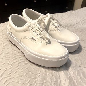 Womens White Leather Platform Vans size 6.5, like new